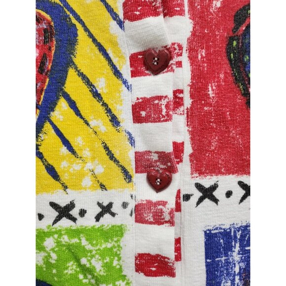 VTG 90s Sportelle Womens Wearable Art Cardigan Medium Heart Print Button Front - Picture 2 of 9